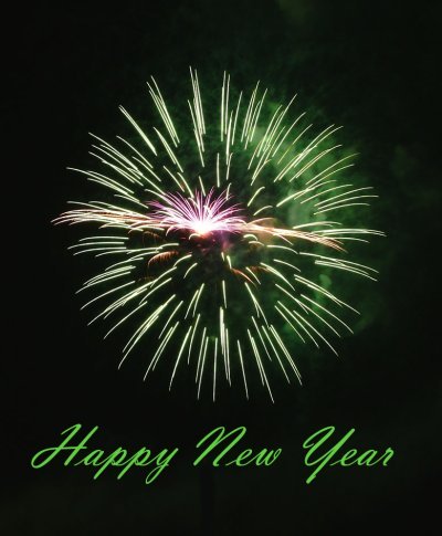 Modern New Years Eve Card: Photo of green fireworks.