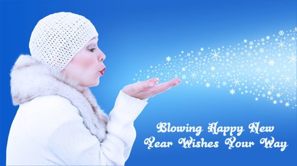 Woman in white clothes blowing away snowflakes.