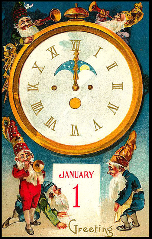 Vintage Happy New Year Postcard: elves with trumpets and old clock.