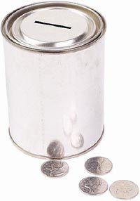 Quotescoop's donations page - picture of a donations box or white piggy bank with coins