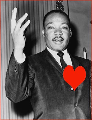 Martin Luther King Jr. Quotes: Martin Luther King with red heart drawn on his chest.