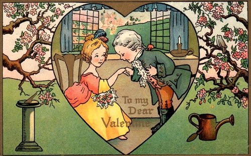 Very old Valentines Day picture of man kissing a woman's hand. Valentine cards to print.