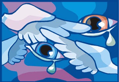 Heartbreaking: Painting of two eyes with tears and dove wings.