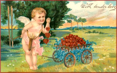 Free Valentines card with cupids with bow and arrows: Here he is pulling a push cart filled with red hearts.