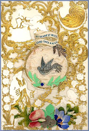 Free Valentines Day cards in very old style: Antique card with gold decorations.