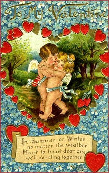 Two cupids or angels hugging each other in forest scene. Find free Valentines cards.