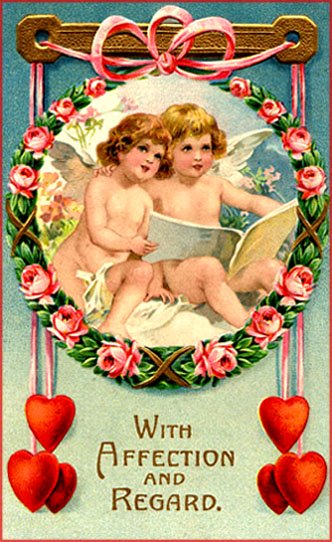 Sweet Vintage Valentine pictures of two cupids looking in a book.