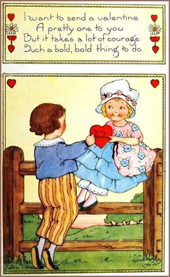 Free Valentines Day cards: Little girl on a fence being given a red heart by cute little boy.