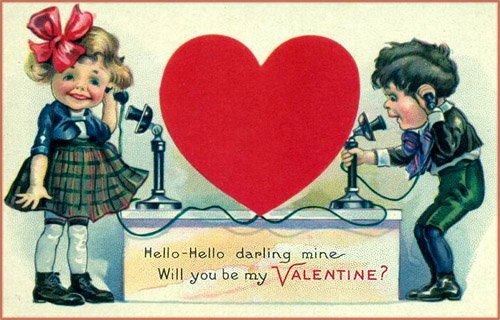 Free Valentines cards to print: Funny drawing of two children speaking over old telephone.